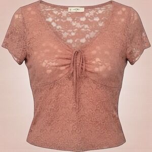 Dusty Rose Lace Bow Babydoll Top XL Cottagecore Romantic Coquette Y2K Aesthetic